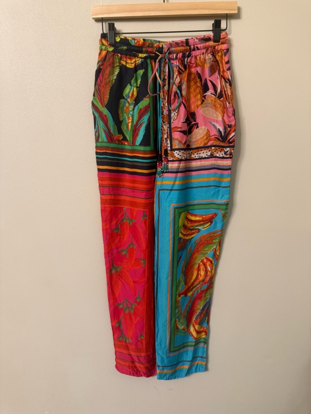 Farm Rio Resort Pants Mixed Scarf Print tropical Tassel Tie High Rise Size S - Picture 3 of 11